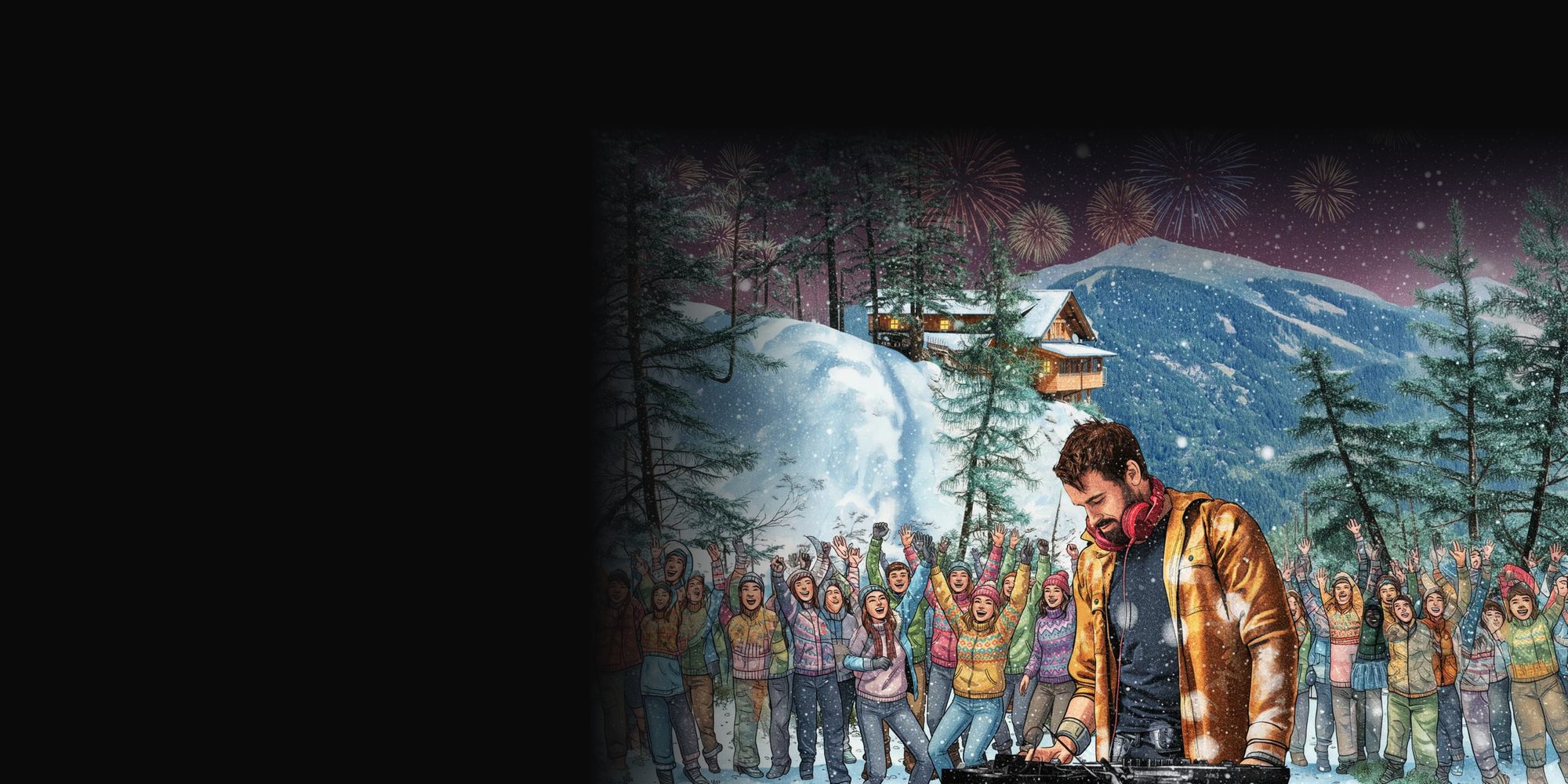 Illustration: DJ Daniel Wulz mit roten Kopfhörern am Pult rechts, daneben jubelnde Gäste im Schnee, eine Hütte und Feuerwerk über den Bergen