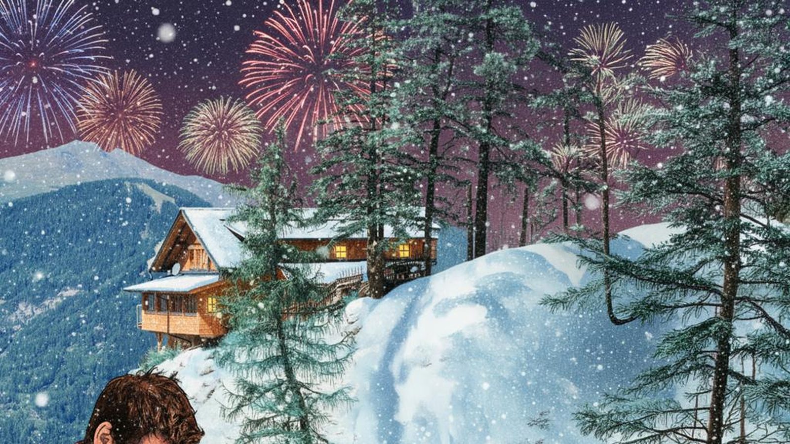 Illustration: verschneite Hütte im Wald, dahinter Berge und Feuerwerk